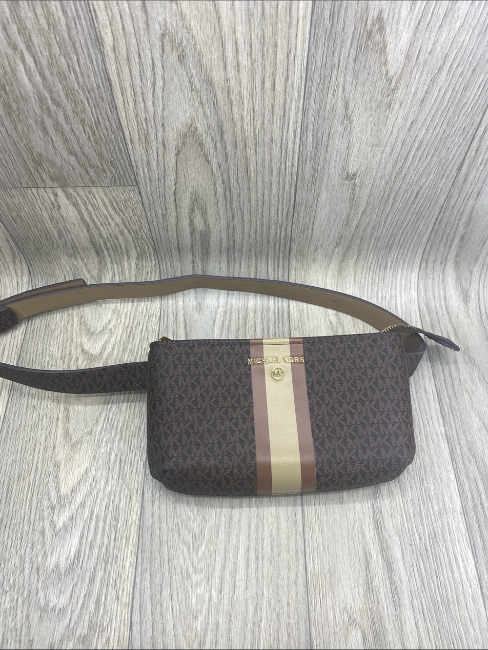Michael Kors Brown Logo Crossbody Belt Bag with Tan and Cream Stripe